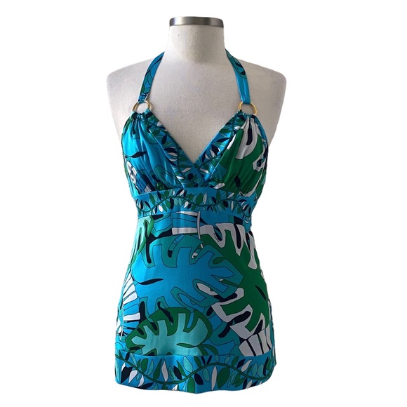 NEW Bebe Green and Blue Tropical Palm Leaf Print Halter Top Size Medium - Picture 2 of 6